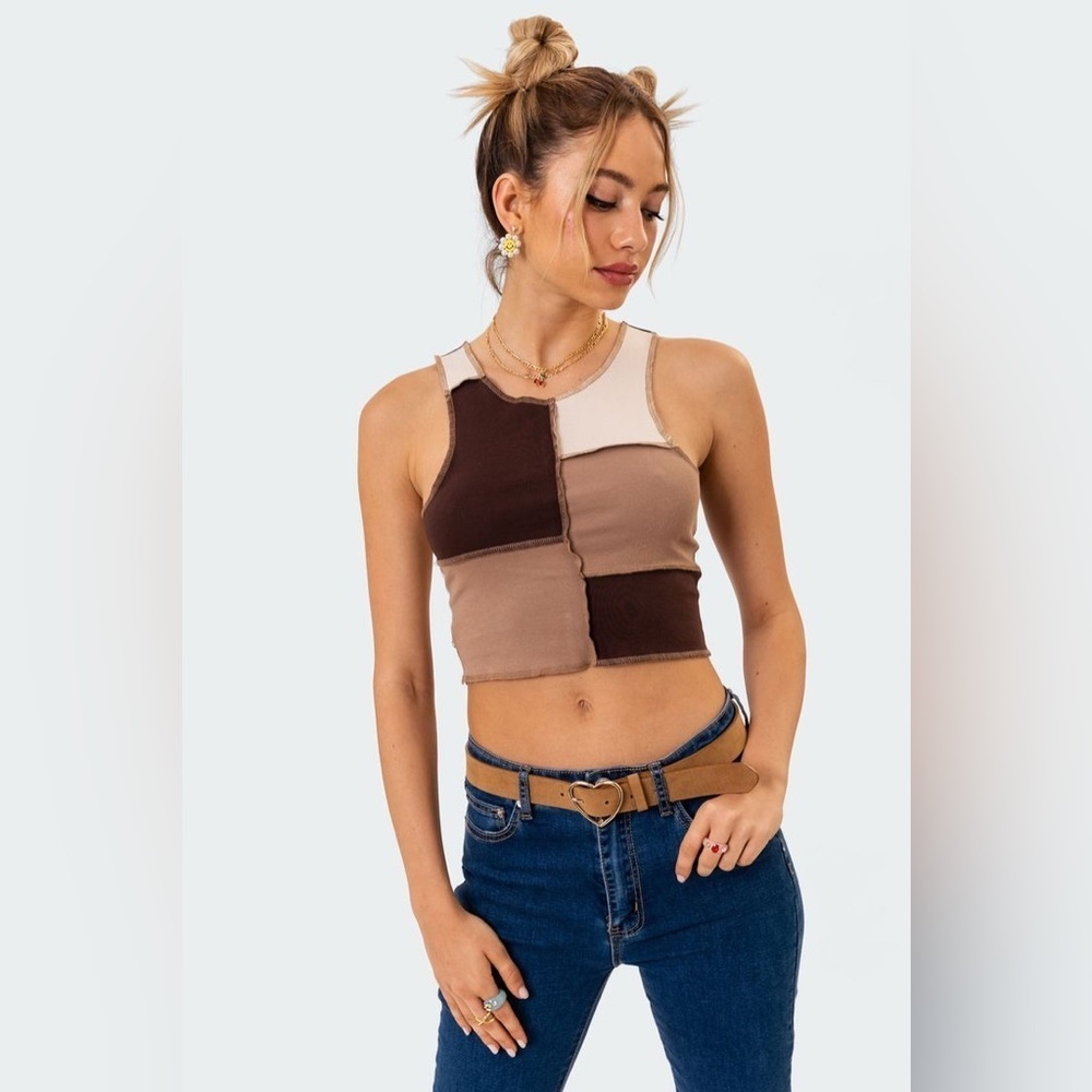 edikted Brown and Cream Patchwork Tank Size XS
